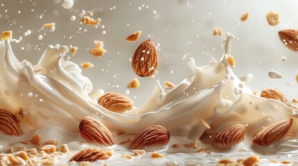 Fresh natural almond milk splash swirl with almonds isolated.