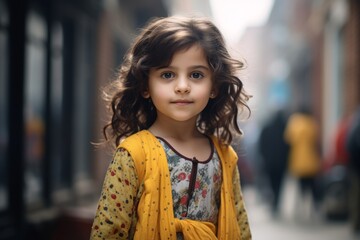 Portrait of a cute little girl with curly hair on the street
