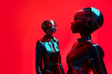 two dark skinned futuristic women on solid red background, isolated, minimalist