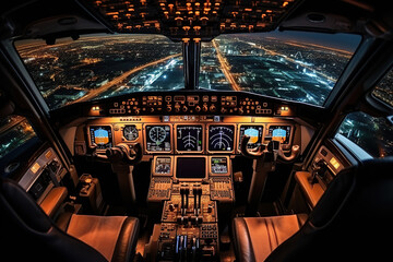 Inside view of an airplane cockpit with a glowing instrument panel. Generated by artificial intelligence