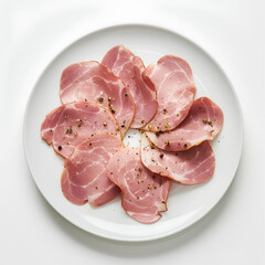 ham and cheese, slices of ham on a plate, slices of ham on a plate with white background