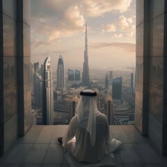 A man is sitting on a ledge looking out over a city - obrazy, fototapety, plakaty