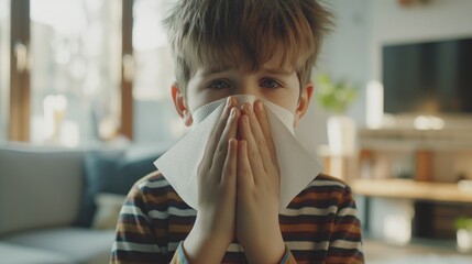Cute little child boy blowing his nose in tissue at home. Flu concept - obrazy, fototapety, plakaty