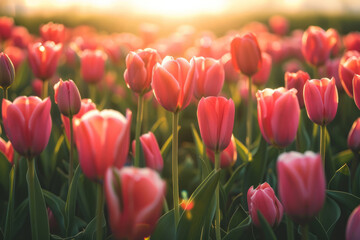 Beautiful tulip flowers blooming at a tulip field in the sunset light. Generative AI