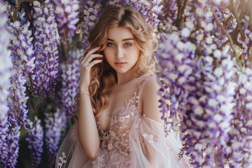 Beautiful woman in a flowing maxi dress with sequins on wisteria flowers backdrop. Generative AI - obrazy, fototapety, plakaty