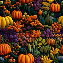 Spooky Forest 3D embroidery Pumpkin Patch Embroider a pattern showcasing a vibrant pumpkin patch with pumpkins of different sizes, shapes, and expressions, surrounded by autumn le - obrazy, fototapety, plakaty