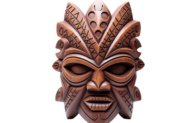 A mysterious wooden mask is displayed against a simple white background, showcasing intricate carvings and cultural significance - obrazy, fototapety, plakaty