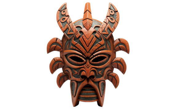 A mysterious wooden mask adorned with imposing horns, exuding an aura of ancient power and mystique