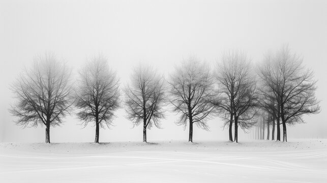 Snowy Serenity: Stark Winter Trees in Black and White, generative ai