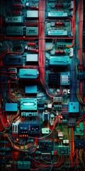 blue red and green wall of wires and technical and electronic devices texture - obrazy, fototapety, plakaty