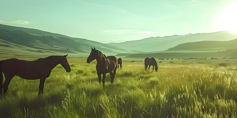 Three horses grazing peacefully in a herd . Concept Nature, Animals, Peaceful Grazing, Herd Behavior, Wildlife