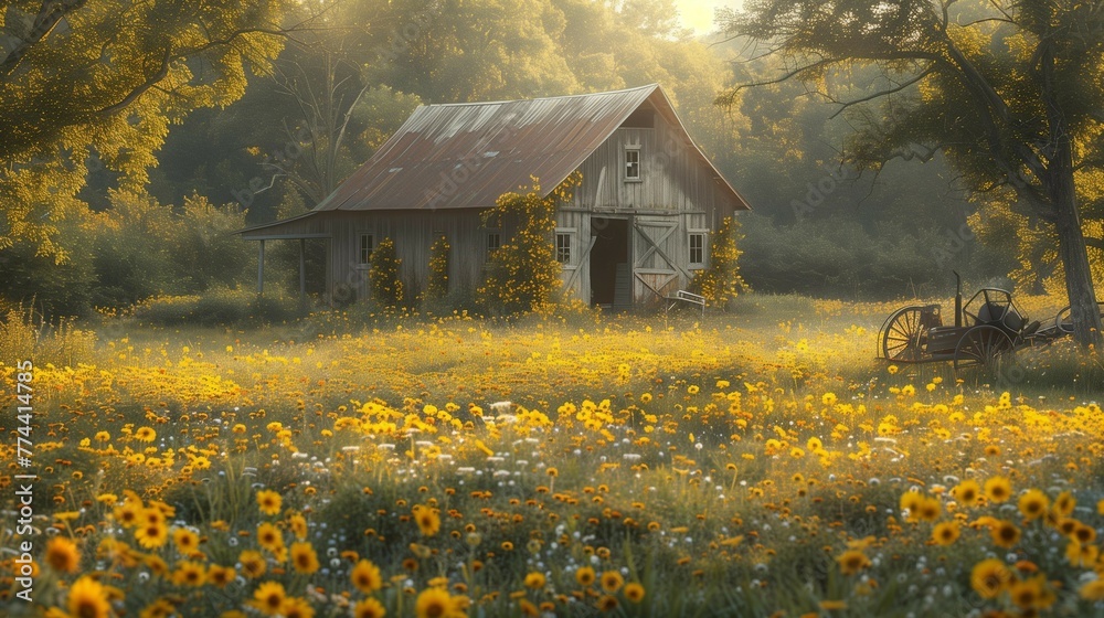 Wall mural Rustic Charm: Vintage Barn and Wildflowers, generative ai