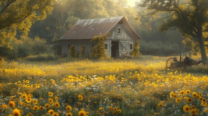 Rustic Charm: Vintage Barn and Wildflowers, generative ai