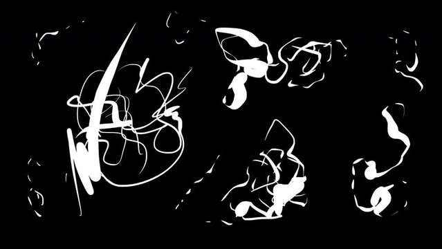 Monochromatic animation of white organic and frenetic doodle lines on black background. Seamless loop.