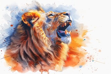 Painting in watercolor, modern illustration of a roaring lion on a white background - obrazy, fototapety, plakaty
