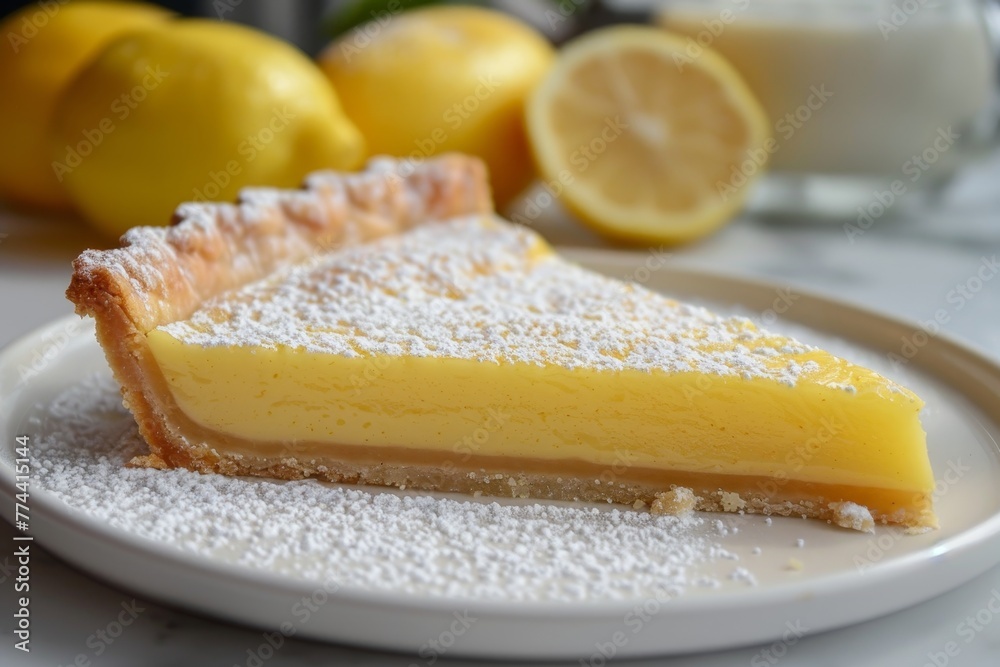 Poster classic lemon tart cut on a white dish