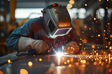 welder using gas welding gear, Welder and bright sparks. Production and construction - obrazy, fototapety, plakaty