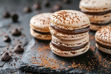 Close up of alfajores and vanilla macaroons with dulce de leche and chocolate on black stone - obrazy, fototapety, plakaty