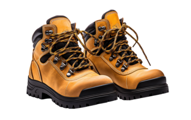 A pair of vibrant yellow work boots standing on a clean white background