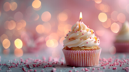 Birthday Cupcake with Candle on Pink Background with Blu






