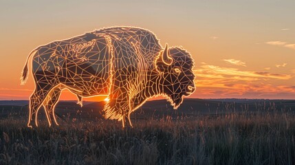 Midwest Dusk: Bison Silhouette in Serene Prairie, generative ai