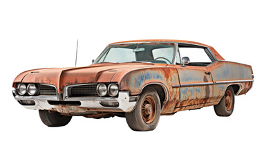 Fototapeta premium An old rusted car sits on a white background, showcasing its weathered beauty and history