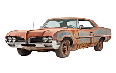 An old rusted car sits on a white background, showcasing its weathered beauty and history