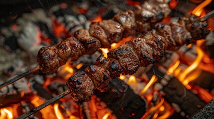 Juicy shish kebabs sizzling over an open flame, capturing the essence of outdoor cooking and the...