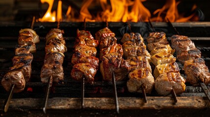 Juicy shish kebabs sizzling over an open flame, capturing the essence of outdoor cooking and the...