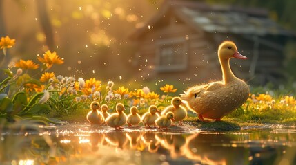 Magical Morning Stroll with Ducklings, generative ai