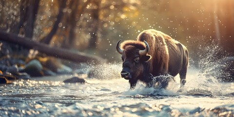 European bison crossing river splashing water dynamic wildlife scene endangered mammal species in wilderness . Concept Wildlife Photography, European Bison, River Crossing, Endangered Species