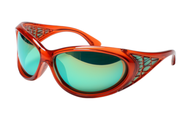 A pair of red sunglasses with green mirrored lenses reflects the world in vibrant colors