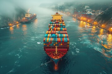 Cargo vessel sailing from the bay, towards the open sea, global freight transportation. - obrazy, fototapety, plakaty
