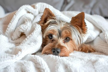 Close up photo of a Yorkshire terrier on white towels post bath