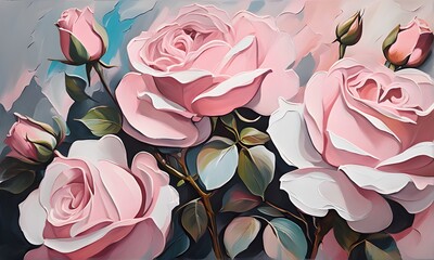Bouquet of pink roses. Acrylic painting. Greeting card for Valentine's Day, birthday, wedding, anniversary or Mother's Day