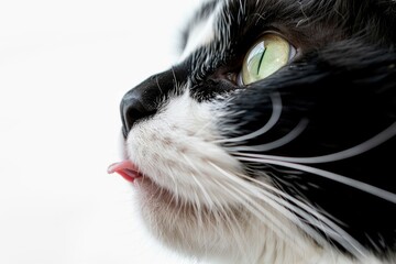 Close up portrait of a black and white tuxedo cat with green eyes and white whiskers licking its lips after a meal