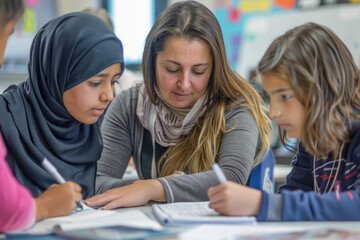 Obraz premium A teacher assists students with their academic tasks