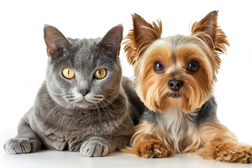 Close up portrait of a Scottish Straight cat and Yorkshire terrier on white background