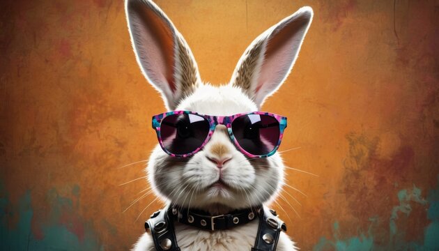 A humorous stock image featuring a cool bunny in vibrant sunglasses and a studded collar against a textured backdrop.