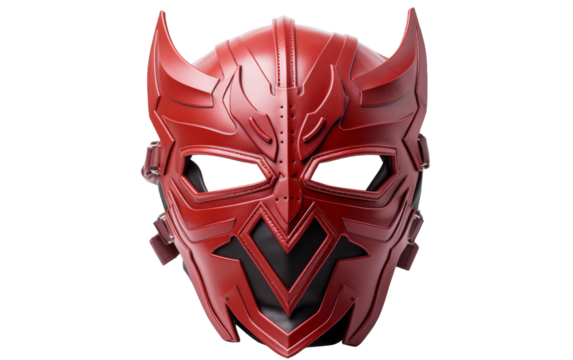 Vibrant red mask with twisted horns creating an aura of dark allure