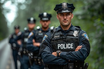 Male officer's confidence shines above colleagues - obrazy, fototapety, plakaty