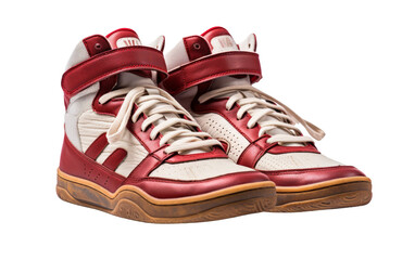 A vibrant, bold pair of high top sneakers in red and white, standing triumphantly on a clean white surface
