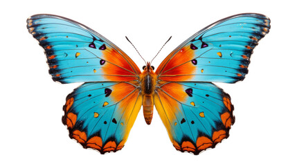 A stunning blue butterfly gracefully flutters its vibrant orange and yellow wings