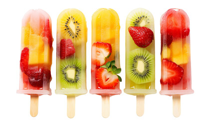 A vibrant row of assorted fruit popsicles lined up on a pristine white background