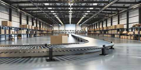 Spacious warehouse interior with rows of shelves filled with boxes modern storage facility perfect for logistics and distribution needs and a conveyor belt in a warehouse  background 