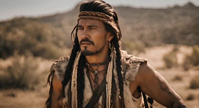 The Apache warrior stands out with his determined look and flowing braids that symbolize his pride and his girlfriend