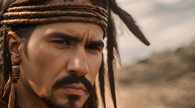 The Apache warrior stands out with his determined look and flowing braids that symbolize his pride and his girlfriend