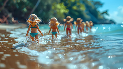 A playful image showing miniature dolls taking a stroll on a sandy beach, evoking friendship and adventure