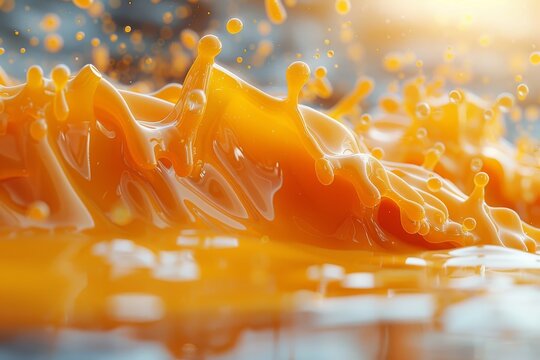 An orange paint splash on a fruit juice. 3D realistic modern set of design elements.