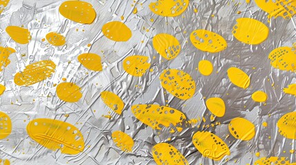 An abstract painting with splashes of yellow on a textured silver background